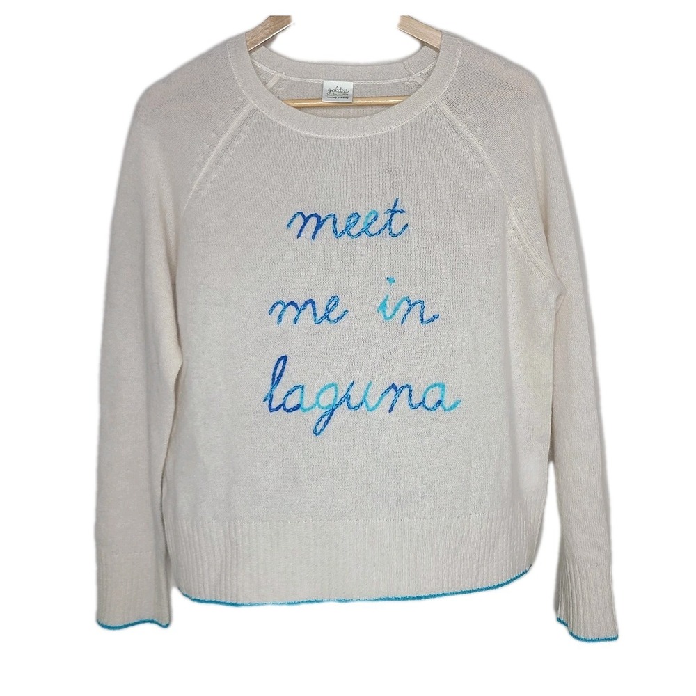 Golden Sun Meet Me In Laguna 100% Cashmere Embroidered Crew Sweater XS/S Vacay